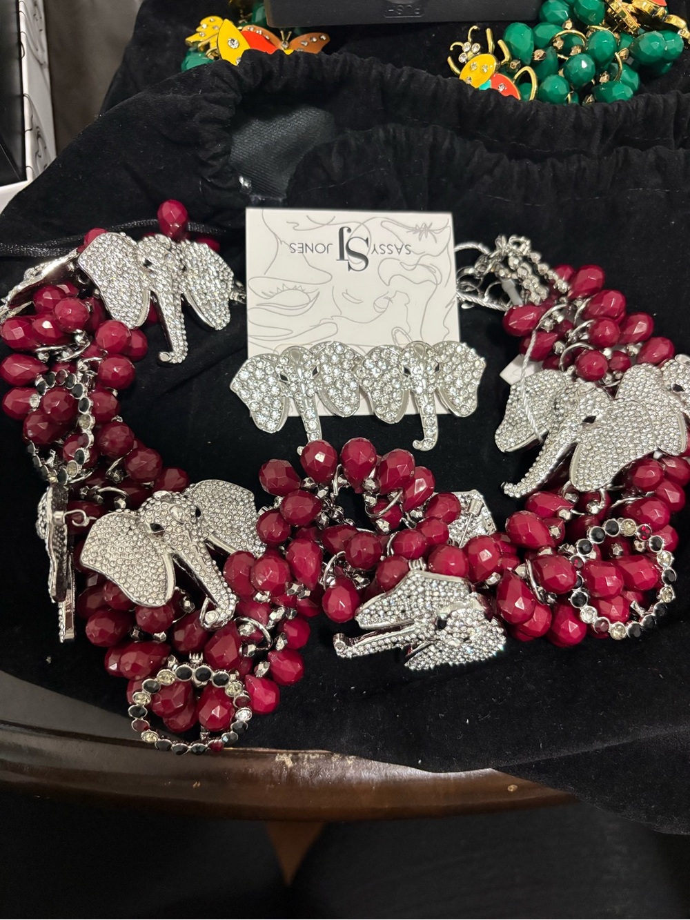 Sassy Jones Wine Red Elephant Cluster Necklace and Earring Set